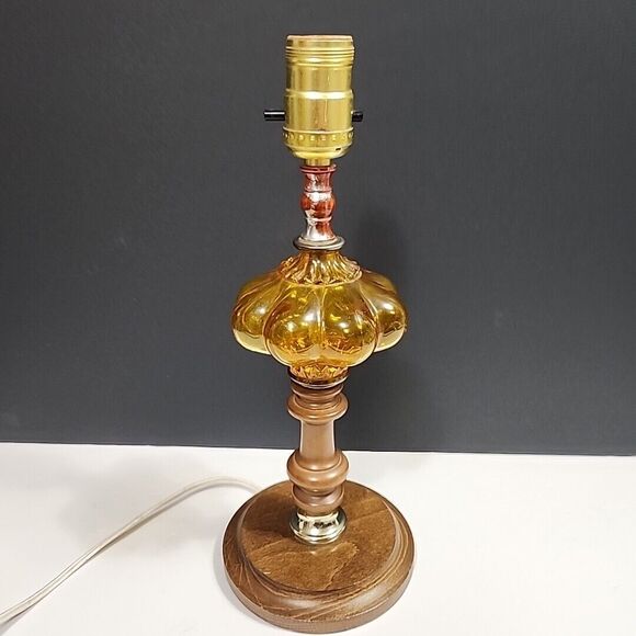 VTG Accent Table Lamp Amber Convex Bubble Glass, Wooden Base, Wood & Brass 12.5" - Picture 1 of 14